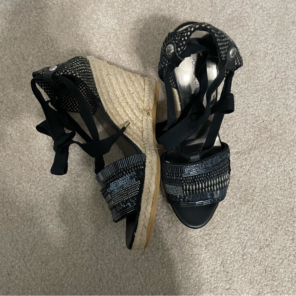Donald J. Pliner Beaded Ankle Wrap Wedges - Black 7W